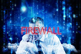 Firewall against lines of blue blurred letters falling
