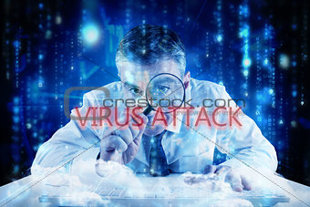 Virus attack against lines of blue blurred letters falling