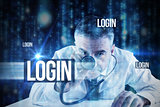Login against lines of blue blurred letters falling