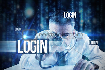 Login against lines of blue blurred letters falling