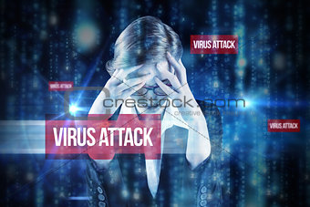 Virus attack against lines of blue blurred letters falling