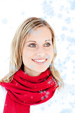 Composite image of portrait of a captivating woman with a red scarf