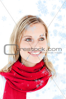 Composite image of portrait of a captivating woman with a red scarf