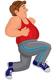 Cartoon fat man in gray running pants runs with smile