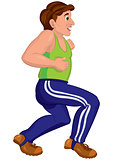 Cartoon healthy man in blue running pants runs with smile