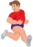 Cartoon healthy man in running outfit runs with smile