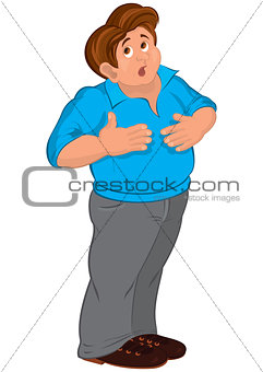 Cartoon man in blue polo shirt touching stomach