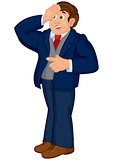 Cartoon man in blue suit touching his forehead