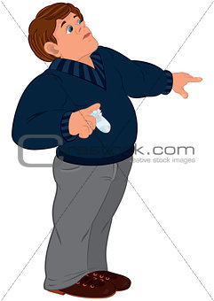 Cartoon man in blue sweater with injured finger