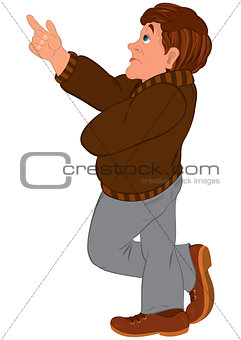 Cartoon man in brown sweater with finger up