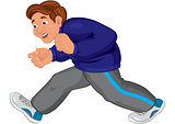 Cartoon man in gray running pants and blue top runs with smile