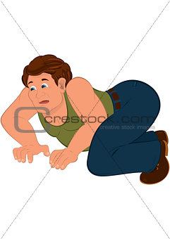 Cartoon man in green sleeveless top on his knees