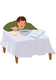 Cartoon man in green sweater eating soup and reading newspaper