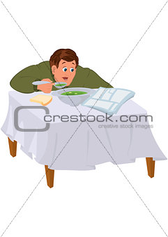 Cartoon man in green sweater eating soup and reading newspaper