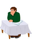 Cartoon man in green sweater torso holding chin at the table