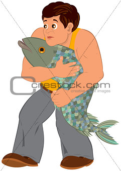 Cartoon man in orange sleeveless top with big fish