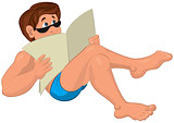 Cartoon man in swim shorts sitting with newspaper
