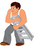 Cartoon man in white sleeveless top holding small ladder