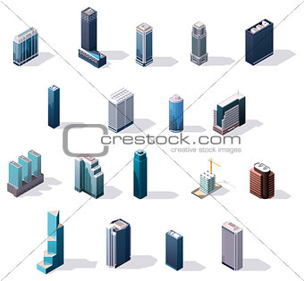 Vector isometric city center buildings set