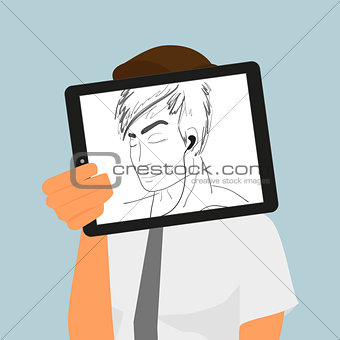 Guy holds tablet pc displaying hand drawing.