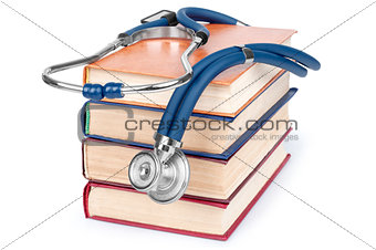 stack of books and stethoscope isolated on white