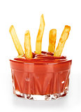 French fries with ketchup on white