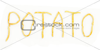 Sticks of fries formed into word against white background