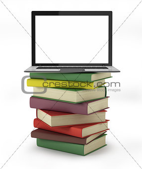 3d laptop on top of a pile of books