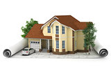 construction plan with house and wood 3d