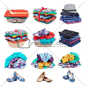 Collection Big heap of colorful clothes, isolated on white background.