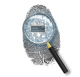 Identification concept. Magnifying glass over finger print with 