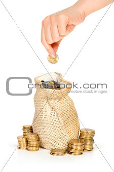 hand put coin in bag with money isolated on white, investment or growth concept