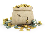 Canvas bag filled with coins. A white background. Isolated.