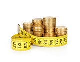 stack of coins with tape measuring isolated on white, selective focus and money concept.