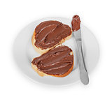 baguette slices spread with nut-choco paste on plate, isolated o