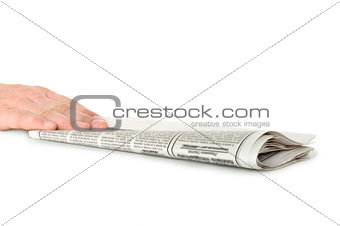 hand holding a newspaper isolated on white background