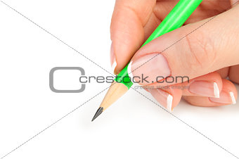 yellow pencil in hand isolated on white