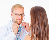 Doctor with Stethoscope and Glasses Examining Patient