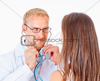 Doctor with Stethoscope and Glasses Examining Patient