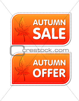 autumn sale and offer labels with fall leaf