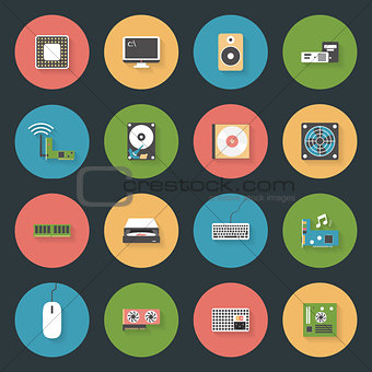 Computer peripherals and parts flat icons set