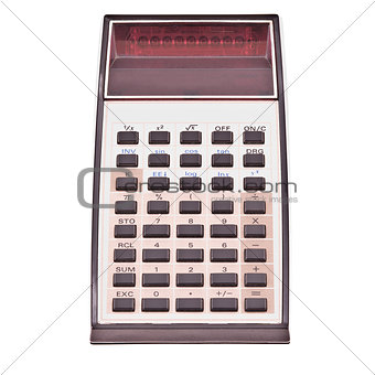 Old calculator on white background.