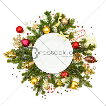 White Christmas plate with baubles, stars and fir -  isolated 