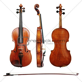 Violin and bow on white background
