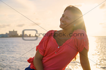Portrait young woman smile happy sea beauty