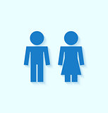 Blue man and woman icons for toilet or restroom sign with shadow