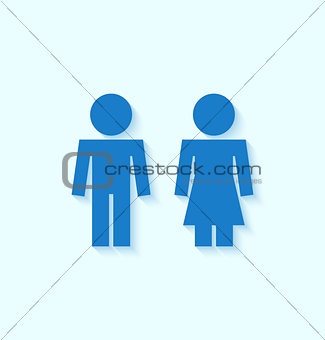 Blue man and woman icons for toilet or restroom sign with shadow