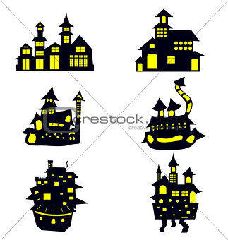 Halloween night background with castle and pumpkins