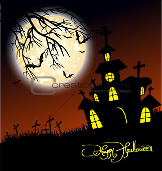 Halloween night background with castle and pumpkins