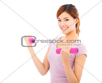 Young woman working out with dumbbells isolated on white 